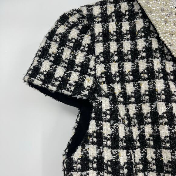 Alice + Olivia | Velia Tweed Mini Dress Black & Off White Crystal Pearl Collar 4 - Picture 9 of 16